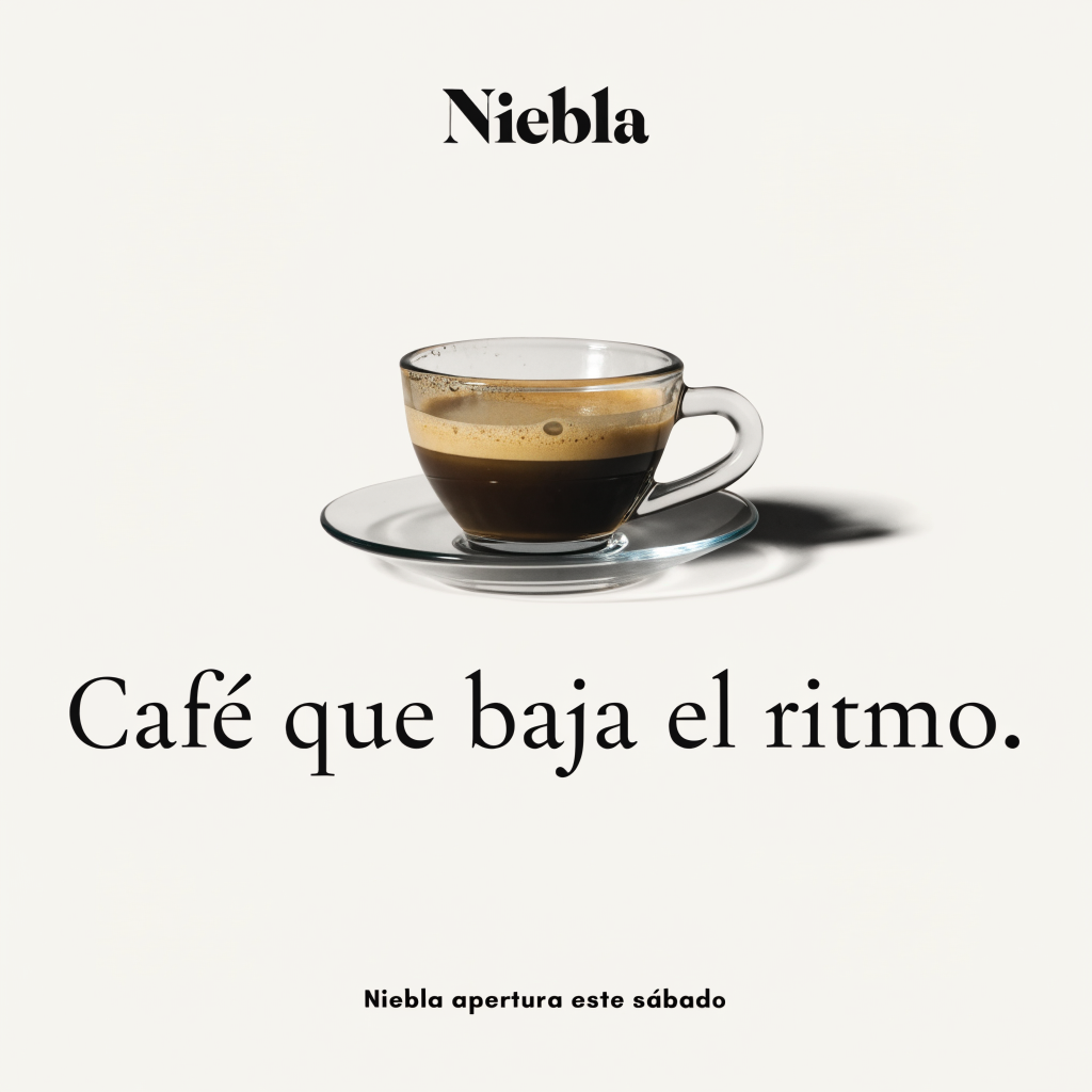 Post cuadrado generado para la cafetería Niebla con una taza de café y el texto Café que baja el ritmo.