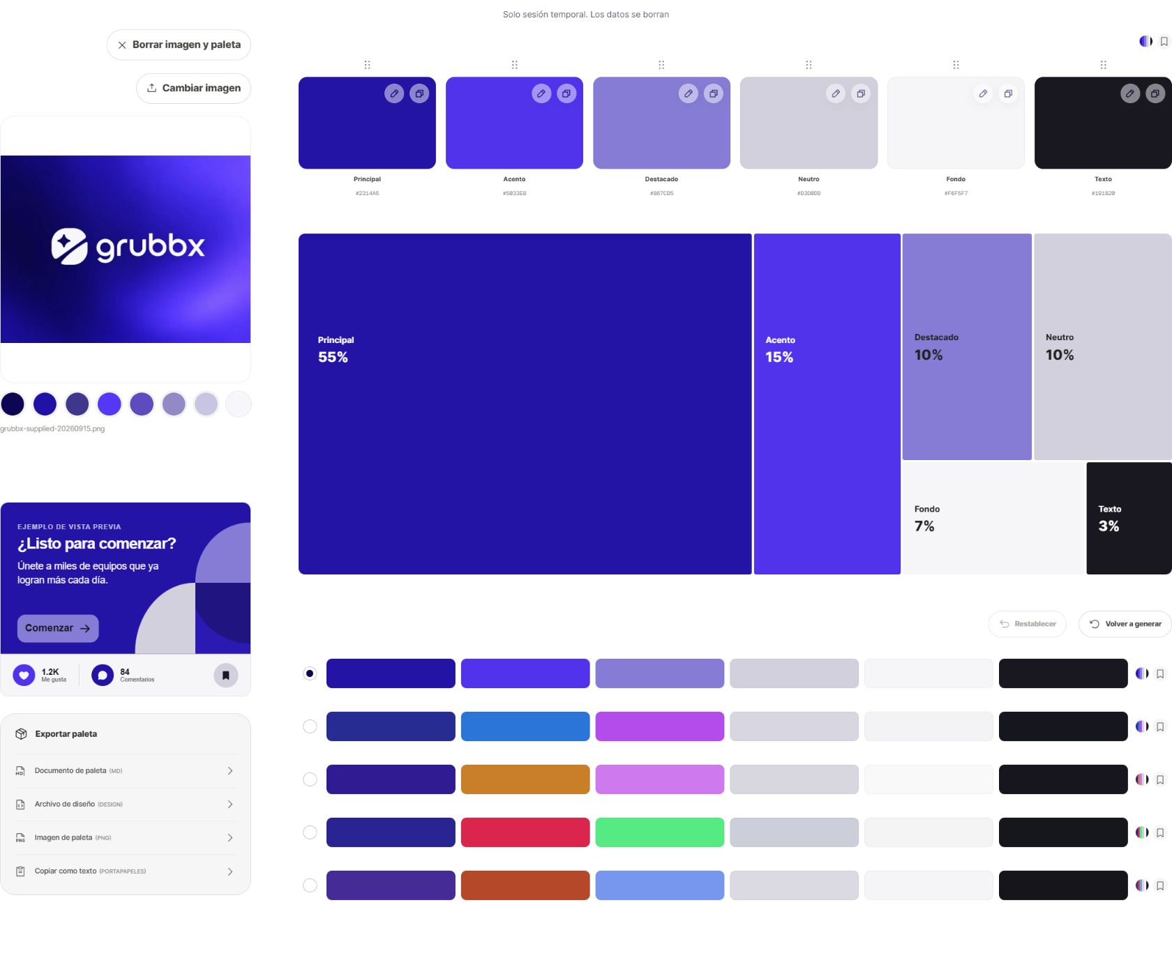 Herramienta de paletas con colores, proporciones, vista previa y opciones para guardar y exportar.