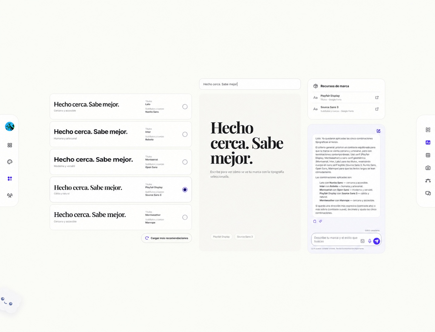 Panel de tipografía de Grubbx con cinco combinaciones de fuentes y una previsualización editorial.